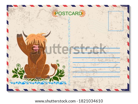 Christmas card with funny cartoon Scottish long-haired bull. Postal tourist card art design.