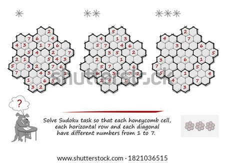 Set of Sudoku puzzles. 3 difficulty levels. Logic game. Page for brain teaser book. Solve task so that each honeycomb cell, each horizontal row and each diagonal have different numbers from 1 to 7.