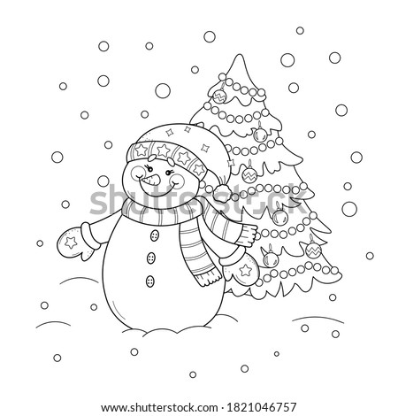 Coloring page of a cute cartoon snowman with Christmas tree. Vector black and white illustration on white background.  Royalty-Free Stock Photo #1821046757