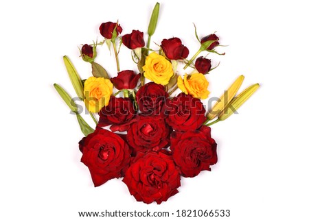 Bouquet beautiful red and yellow rose flower isolated on white background. High resolution photo. Full depth of field.