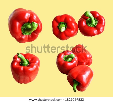 Red bell pepper isolated in pastel yellow background with clipping path, no shadow