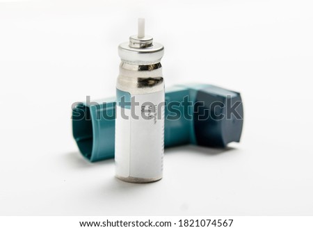separate parts of bronchodilator medicine  for patients with asthma, allergies and pulmonary diseases isolated with white background Royalty-Free Stock Photo #1821074567