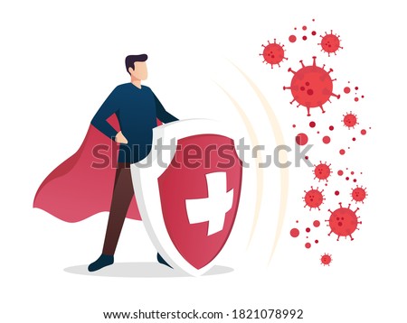 Immune system vector icon logo. Health bacteria virus protection. Medical prevention human germ. Healthy man reflect bacteria attack with shield. Boost Immunity with medicine concept illustration Royalty-Free Stock Photo #1821078992