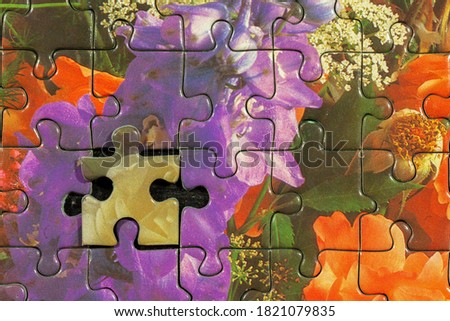 Disassembled puzzle with a last wrong piece impossible to fill Royalty-Free Stock Photo #1821079835