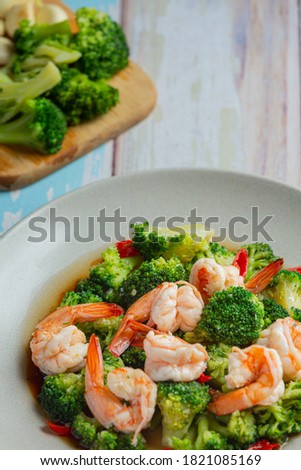 Fried Broccoli with Garlic and Shrimp, Thai Food.