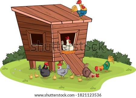 Henhouse with cartoon chicken and chicks Royalty-Free Stock Photo #1821123536