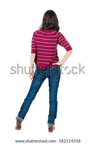 back view of standing young beautiful  brunette woman in red pullover. girl  watching. Rear view people collection.  backside view of person.  Isolated over white background.