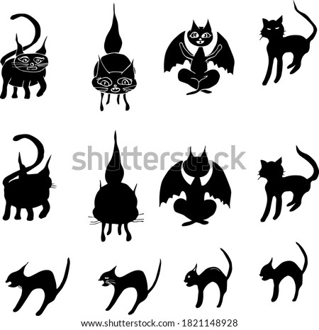Happy Halloween, October 31, All Saints Day, festive animals, isolated drawings of funny cats, freehand icons in yoga vector, wings, meditation