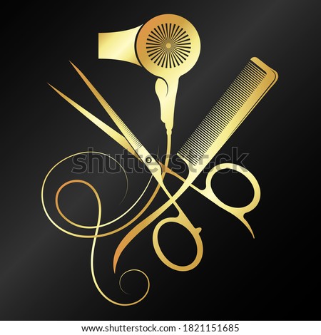 Gold scissors and comb with hair curl design	