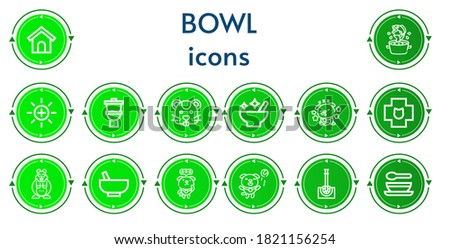 Editable 14 bowl icons for web and mobile. Set of bowl included icons line Dog house, Soup, Balance, Toilet, Hamster, Mortar, Dog, Veterinary, Toilet brush