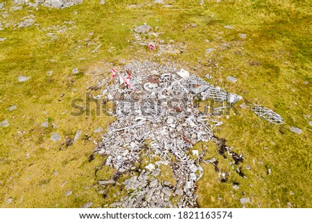 Wreckage of a RCAF Wellington ww2 bomber on a hillside in rural Wales, UK