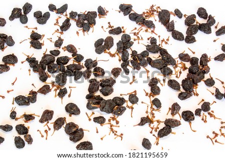 Photograph of raisins with stems on a white background. The best raisin object. It should be consumed to provide immunity against the virus.