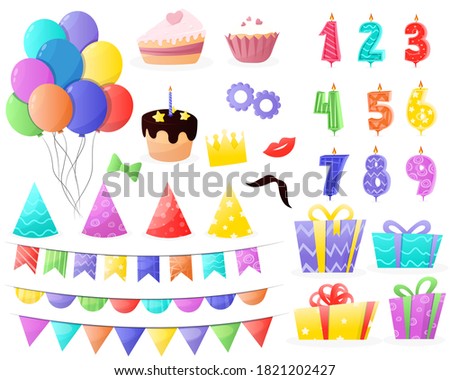 Cartoon birthday party design. Cartoon birthday decoration set balloons, flags,  gifts, candles, bows and decorative ribbons. Vector illustration