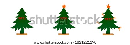 Wooden Christmas trees decoration set collection isolated on white background. Christmas 2021 New Year 2021