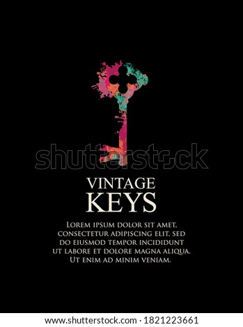 Banner with a vintage key and space for text. Vector illustration in retro style with an old key in the form of bright stains of paint on a black background