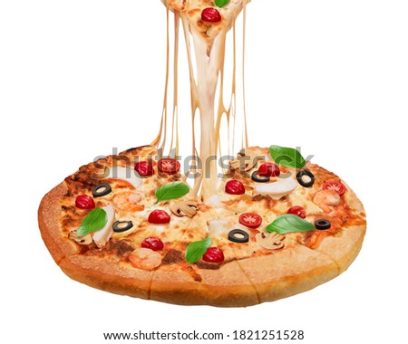 Closeup of delicious seafood pizza in 3d illustration, isolated on white background