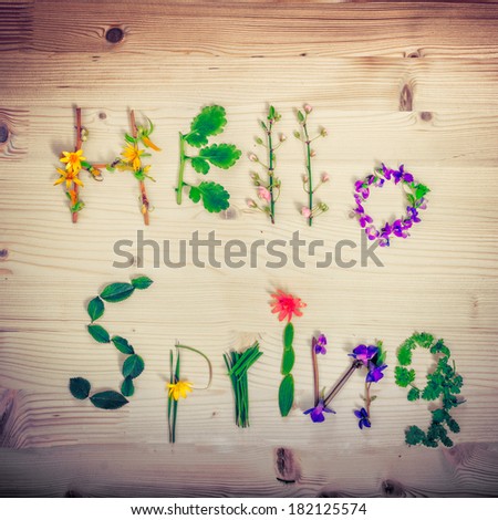 Inscription hello spring from leaves and flowers on wooden background Royalty-Free Stock Photo #182125574
