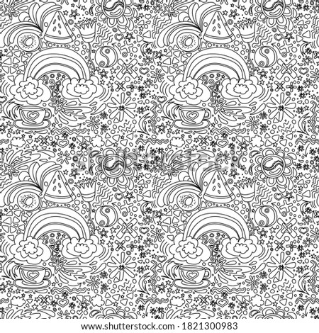 Seamless pattern of hand drawn abstract scribble doodle sketch style elements clip art. Funny black and white vector stock illustration of doodle background isolated on white.