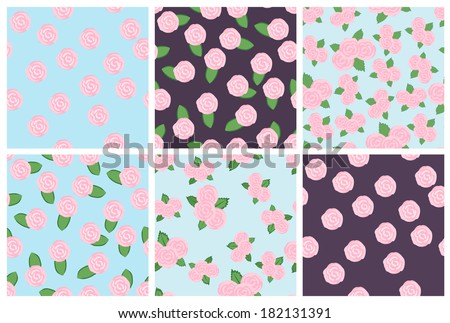 Set of six seamless floral vector patterns of pink roses in singletons and bunches depicting love, romance and spring in square format suitable for wallpaper or textiles
