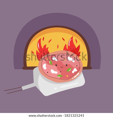 Cute pizza on a shovel ready to be baked in fire. Cartoon vector illustration.
