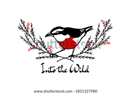 Vector illustration of hand drawn sweet bird with red breast in floral red berries laurel made with ink. Perfect animal and Christmas design elements.