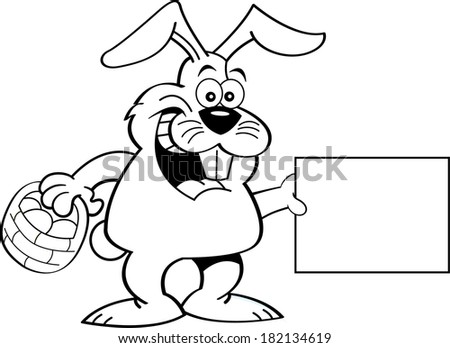 Black and white illustration of a rabbit holding a basket and a sign.
