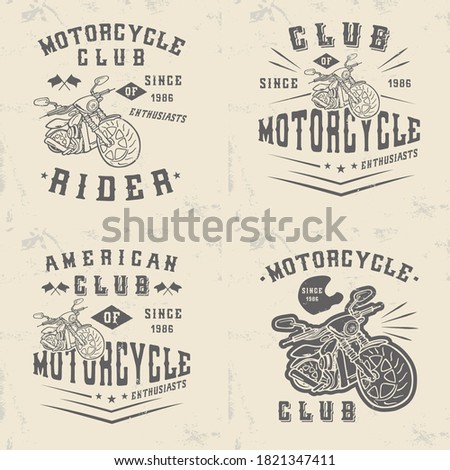 Set of vintage prints with motorcycles on a worn paper background. Vector illustration for printing on t-shirts, posters, banners on the theme of bikers