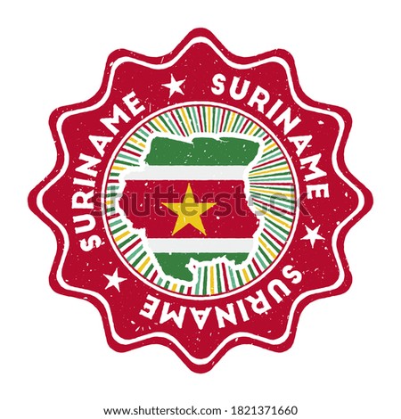 Suriname round grunge stamp with country map and country flag. Vintage badge with circular text and stars, vector illustration.