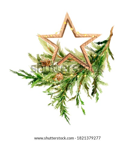 Watercolor Winter Christmas Clipart. Hand painted new year wooden star, christmas tree branches, garland. Merry christmas. Vintage illustration for design, print or background