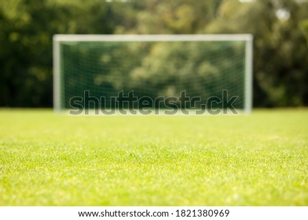 GREEN SOCCER FIELD WITH EMPTY GATE FOR FOOTBALL, SPORTS OUTDOOR BACKGROUND Royalty-Free Stock Photo #1821380969