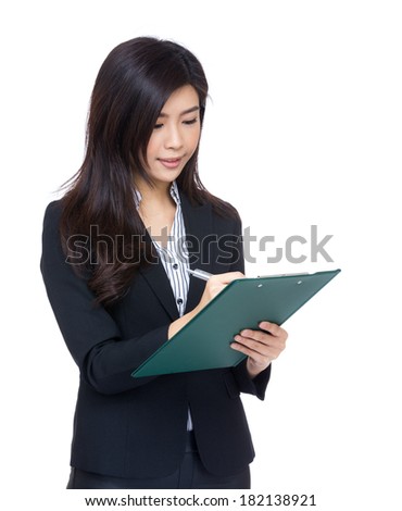 Asia businesswoman record with clipboard