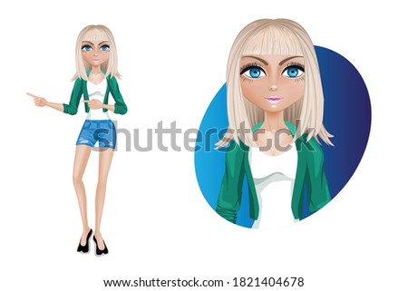 Stylish young woman in shorts and a green jacket. Beautiful cartoon character modern. Pose-demonstrate.