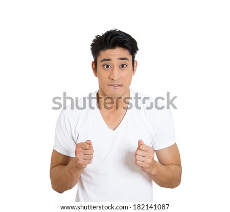 Closeup portrait young man, student hoping for best future, looking at you camera, full of expectation, something big about to change his life, anticipation, isolated white background. Face expression