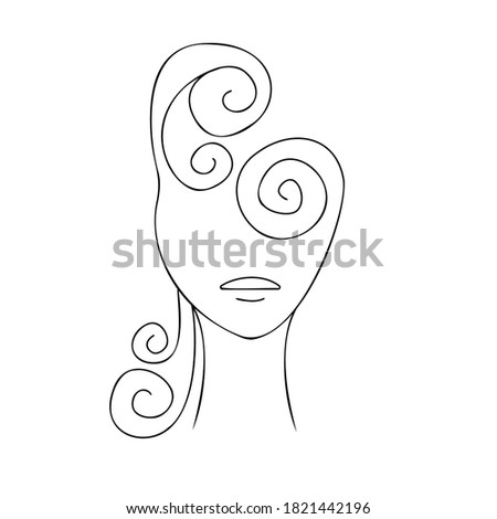 An abstract black outline of a girl's face with curled hair in the form of spirals. Vector illustration for logo, fashion industry and beauty salons.
