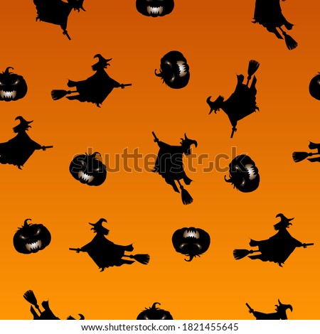 Seamless pattern, for Halloween's day. Pumkins and flying witch on orange background.  Vector illustration  
