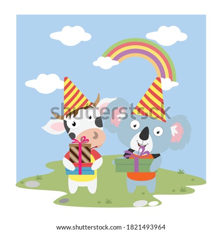 illustration vector graphic of cute cow and koala birthday