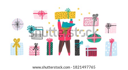 Funny alligator holding a gift. Vector set of gift boxes. Festive packaging.