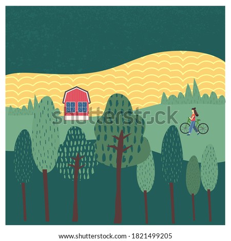 Farm vacations vector illustration, farmhouse, rural landscape, green forest and hills, outdoor activity, girl on a bicycle. Nature, ecology, organic, environment banners, postcard, poster design