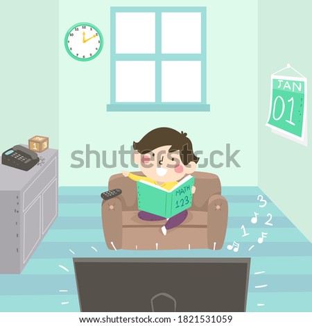 Illustration of a Kid Boy Reading a Book and Being Aware of Numbers Around Him at Home