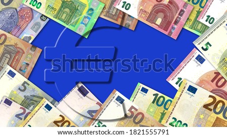 frame of euro banknotes with euro symbol in transparency on blue background