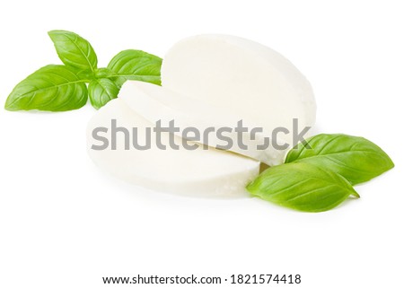 Mozzarella cheese with basil leaves isolated on white background