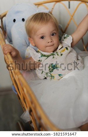 little girl sitting in a wooden stroller