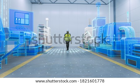 Female Engineer Walks Through Factory Workshop with Augmented Reality 3D Models CNC Machinery Production Line. Industry 4.0 Graphics Visualization in Factory. VFX Special Graphics and Visual Effects