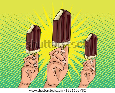 hands with delicious ice creams in sticks pop art style vector illustration design