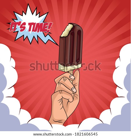 hand with delicious ice cream in stick pop art style vector illustration design