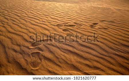 Sole shoes footprints close ap at desert sand safari dunes, human steps at wild nature place  Royalty-Free Stock Photo #1821620777