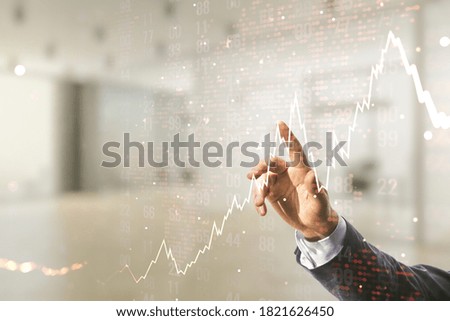 Double exposure of man hand presses on abstract creative financial chart and world map on blurred office background, research and strategy concept