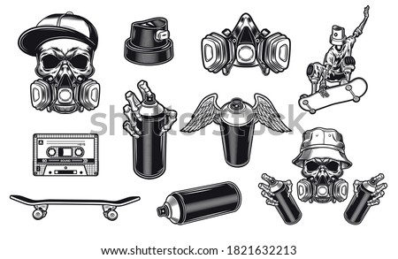 Black and white street graffiti flat sticker set. Monochrome retro skull in respirator, skeleton character and spray paint isolated vector illustration collection. Street art and design for prints