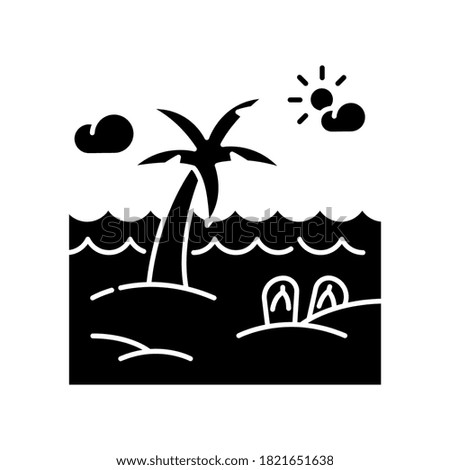 Seaside resort black glyph icon. Summer vacation, tropical tourism, paradise island silhouette symbol on white space. Recreation on exotic beach, sea shore with palm tree vector isolated illustration