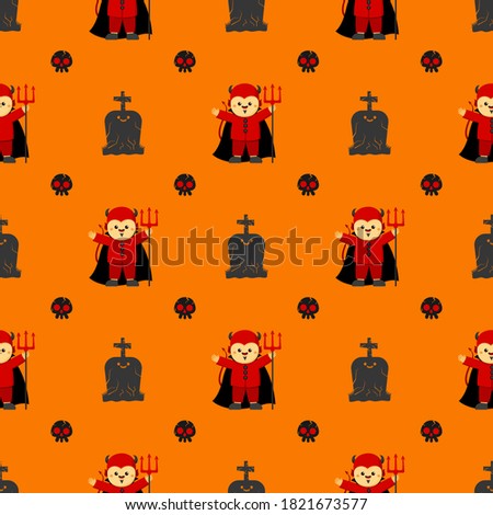 Halloween devil vector pattern. Cartoon style. Kawaii character. Trick or treat. Cute symbols of the holiday. Funny illustration. For fabrics, textiles, cards, backgrounds and wrapping papers.
